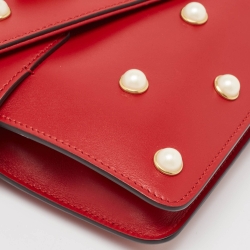 Pre Owned Gucci Red Leather Mini Pearl Queen Margaret Broadway Shoulder Bag