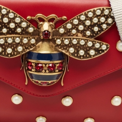 Pre Owned Gucci Red Leather Mini Pearl Queen Margaret Broadway Shoulder Bag