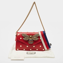 Pre Owned Gucci Red Leather Mini Pearl Queen Margaret Broadway Shoulder Bag