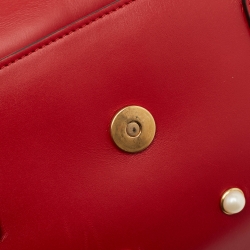 Pre Owned Gucci Red Leather Mini Pearl Queen Margaret Broadway Shoulder Bag