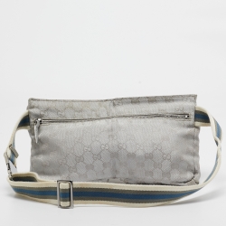 Pre Owned Gucci Silver GG Canvas and Patent Leather Double Pocket Belt Bag