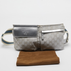 Pre Owned Gucci Silver GG Canvas and Patent Leather Double Pocket Belt Bag