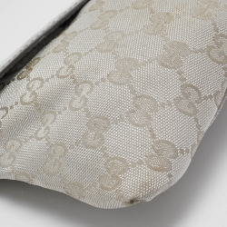 Pre Owned Gucci Silver GG Canvas and Patent Leather Double Pocket Belt Bag