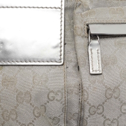 Pre Owned Gucci Silver GG Canvas and Patent Leather Double Pocket Belt Bag