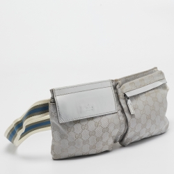 Pre Owned Gucci Silver GG Canvas and Patent Leather Double Pocket Belt Bag
