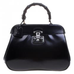 Pre Owned Gucci Black Patent Leather Lady Lock Bamboo Top Handle Bag