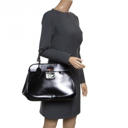 Pre Owned Gucci Black Patent Leather Lady Lock Bamboo Top Handle Bag