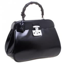 Pre Owned Gucci Black Patent Leather Lady Lock Bamboo Top Handle Bag