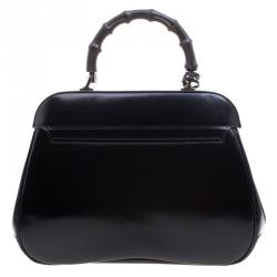 Pre Owned Gucci Black Patent Leather Lady Lock Bamboo Top Handle Bag