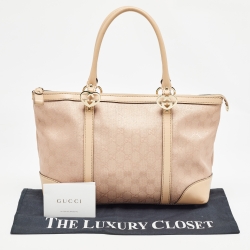Pre Owned Gucci Beige/Rose Gold GG Shimmer Fabric and Leather Small Lovely Heart Tote