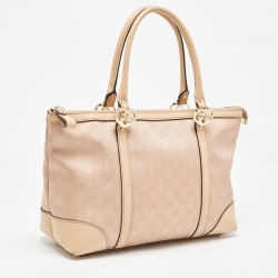 Pre Owned Gucci Beige/Rose Gold GG Shimmer Fabric and Leather Small Lovely Heart Tote