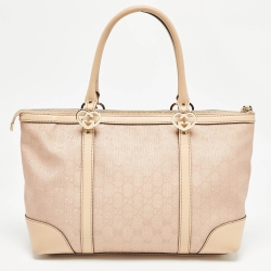 Pre Owned Gucci Beige/Rose Gold GG Shimmer Fabric and Leather Small Lovely Heart Tote