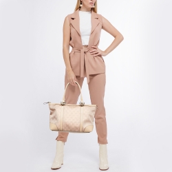 Pre Owned Gucci Beige/Rose Gold GG Shimmer Fabric and Leather Small Lovely Heart Tote