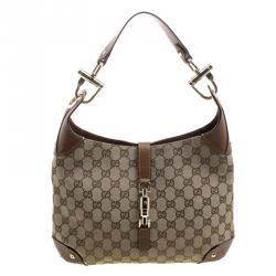 Pre Owned Gucci Brown/Beige GG Canvas and Leather New Jackie Hobo