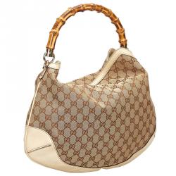 Pre Owned Gucci Beige/Ebony GG Canvas/Leather Peggy Bamboo Top Handle Bag