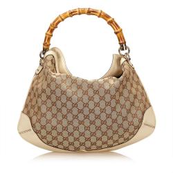 Pre Owned Gucci Beige/Ebony GG Canvas/Leather Peggy Bamboo Top Handle Bag