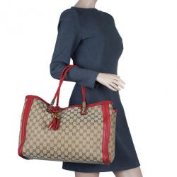 Pre Owned Gucci Red Trim GG Canvas Bella Tote