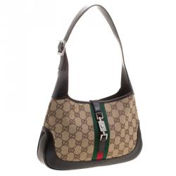 Pre Owned حقيبة كتف غوتشي ويب جاكي كانفاس وجلد بيج GG/بني داكن صغيرة
