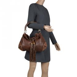 Pre Owned Gucci Brown Leather Medium Babouska Indy Top Handle Bag