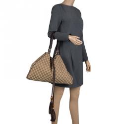 Pre Owned Gucci Beige GG Canvas Preggy Braided Bamboo Tassel Tote