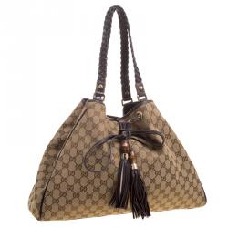 Pre Owned Gucci Beige GG Canvas Preggy Braided Bamboo Tassel Tote