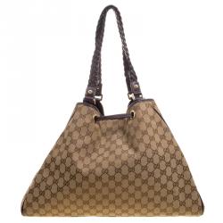 Pre Owned Gucci Beige GG Canvas Preggy Braided Bamboo Tassel Tote