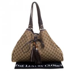 Pre Owned Gucci Beige GG Canvas Preggy Braided Bamboo Tassel Tote