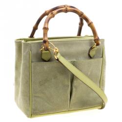 Pre Owned Gucci Mint Green Suede Vintage Bamboo Handle Bag