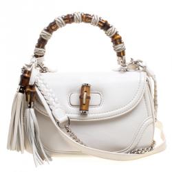 Pre Owned Gucci White Leather Tassel New Bamboo Top Handle Bag
