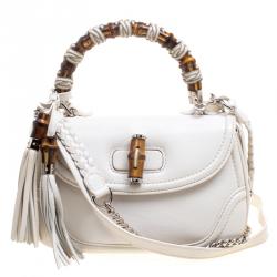 New Gucci White Leather w/Bamboo Handles Women's Purse "