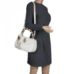 Pre Owned Gucci White Leather Tassel New Bamboo Top Handle Bag