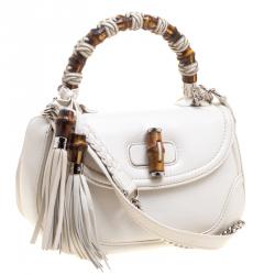 Pre Owned Gucci White Leather Tassel New Bamboo Top Handle Bag