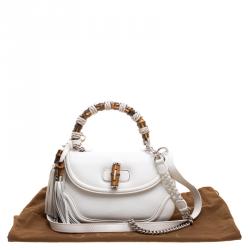 Pre Owned Gucci White Leather Tassel New Bamboo Top Handle Bag
