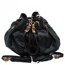 Pre Owned Gucci Black Leather Bamboo Drawstring Bucket bag
