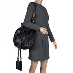Pre Owned Gucci Black Leather Bamboo Drawstring Bucket bag