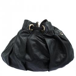 Pre Owned Gucci Black Leather Bamboo Drawstring Bucket bag