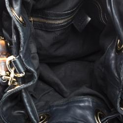 Pre Owned Gucci Black Leather Bamboo Drawstring Bucket bag