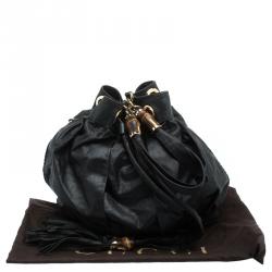 Pre Owned Gucci Black Leather Bamboo Drawstring Bucket bag