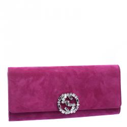 مملوكة مسبقًا Gucci Pink Suede Broadway Crystal Closure Clutch
