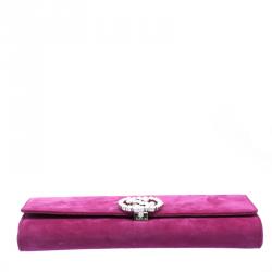 مملوكة مسبقًا Gucci Pink Suede Broadway Crystal Closure Clutch