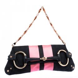 Pre Owned Gucci Black/Pink GG Canvas and Satin Limited Edition Tom Ford Horsebit Web Chain Clutch