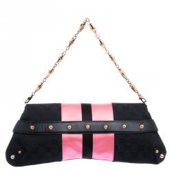 Pre Owned Gucci Black/Pink GG Canvas and Satin Limited Edition Tom Ford Horsebit Web Chain Clutch