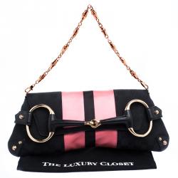 Pre Owned Gucci Black/Pink GG Canvas and Satin Limited Edition Tom Ford Horsebit Web Chain Clutch