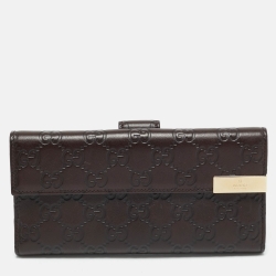 Gucci Dark Brown Guccissima Leather Metal Flap Continental Wallet