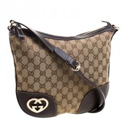 مملوكة مسبقًا حقيبة كروس غوتشي لافلي هارت جلد وكانفاس GG بنية/ بيج