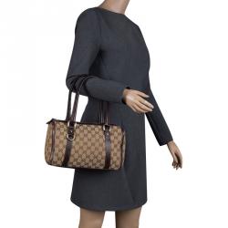 مملوكة مسبقًا حقيبة غوتشي جوي بوسطن كانفاس بيج/بني GG صغيرة