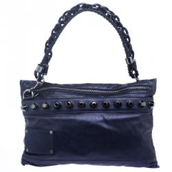 Pre Owned Gucci Metallic Blue Leather Studded Shoulder Bag