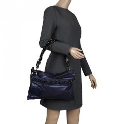 Pre Owned Gucci Metallic Blue Leather Studded Shoulder Bag