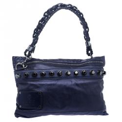 Pre Owned Gucci Metallic Blue Leather Studded Shoulder Bag
