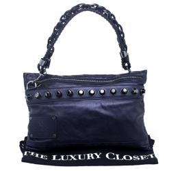 Pre Owned Gucci Metallic Blue Leather Studded Shoulder Bag